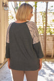 Plus Grey & Light-taupe Snake Print Contrast Round Neck Midi Sleeve Side Slip Relaxed Fit Top