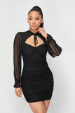 Ruched Cut-out Sheer Long Sleeve Mini Dress