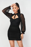Ruched Cut-out Sheer Long Sleeve Mini Dress