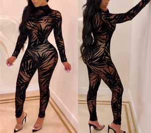 “Lacie” mock neck long sleeve sheer floral bodycon jumpsuit