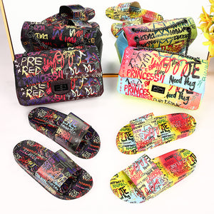 Ladies retro graffiti print slides slippers  and handbag set