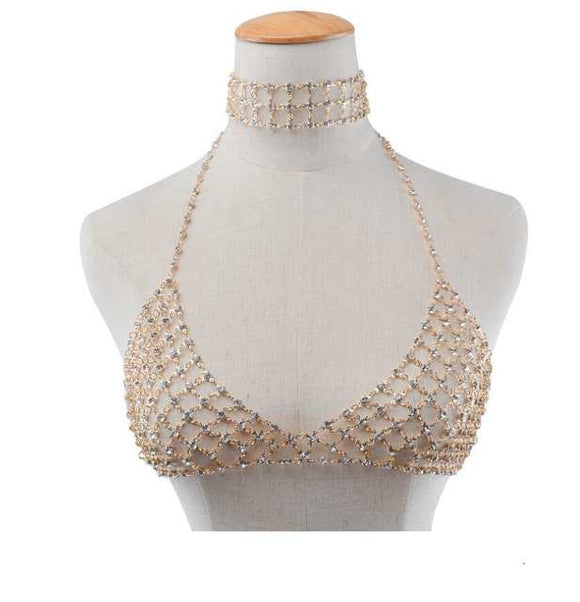 Festive Luxury Rhinestone choker chain bra body jewelry