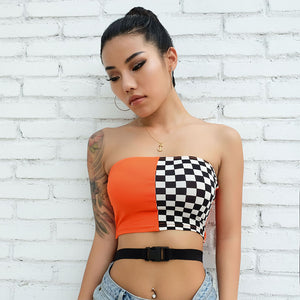 Colorblock checkered buckle tube crop top