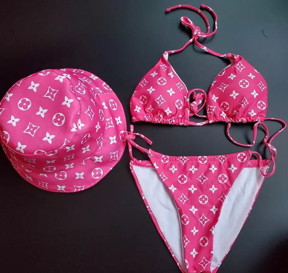 Stylish designer inspired custom lv monogram bikini bucket hat swimsuit set