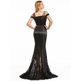 Black Classic mermaid elegant sheer lace detail long evening dress
