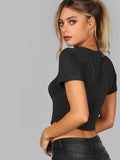 Lace up front distressed print crop top