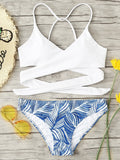 Wrap up lace up blue leaf 2 piece bikini set
