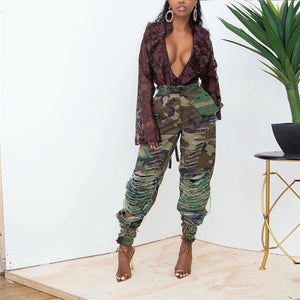 Camo distressed cutout pants