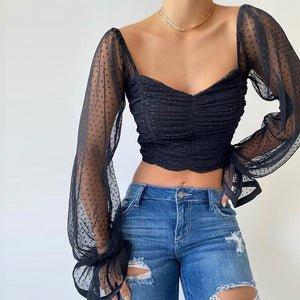 Sheer polka dot ruched crop top