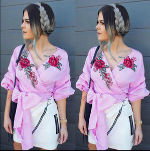 “Bella” rose detail wrap bow tie blouse
