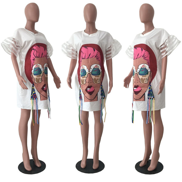 Cartoon print ruffle sleeve oversize tshirt dress