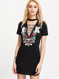 Rock lace up front distressed tshirt dress