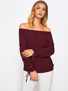 "One day" off the shoulder tie sleeve top