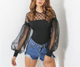 Couture doll sheer puff sleeve bodysuit top
