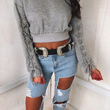 Classic lace up sleeve cropped sweater top