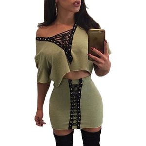 Chic 2 piece lace up style 2 piece crop top skirt set