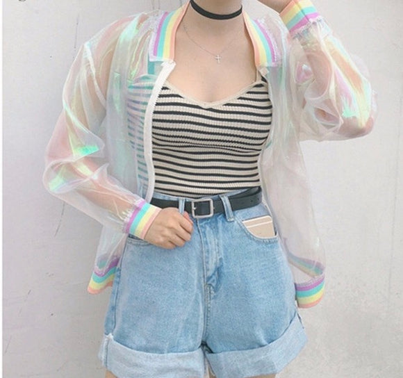 Sheer iridescent anime fashion bomber jacket