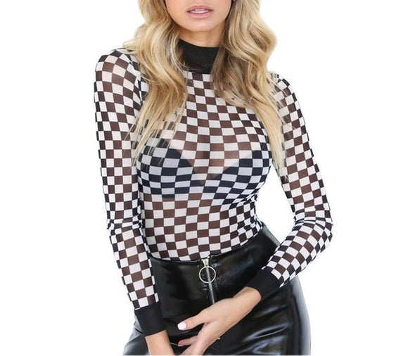 Checkered mock neck bodysuit
