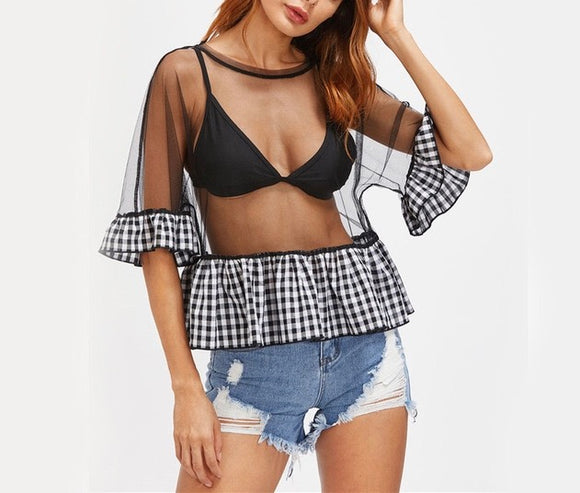 Sexy sheer style checkered detail top