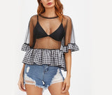 Sexy sheer style checkered detail top