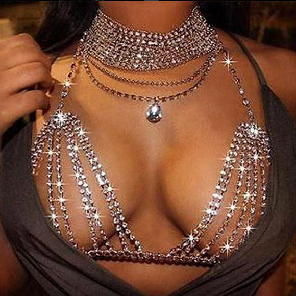Rhinestone diamond choker necklace & bra bodychain harness set