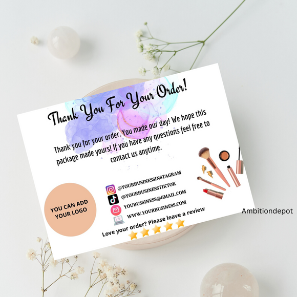 Makeup Cosmetic Business Printable Thank You Business Card Template digital download