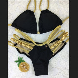 No show gold braided detail cutout 2 piece Bikini Swimsuit