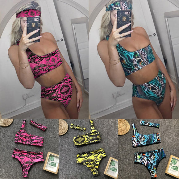 Women Snake Skin 3 piece One Shoulder bikini with headband swimsuit set