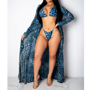 3PCS Leopard Bikini Set Swimwear+Cover Up Cardigan Swimsuit