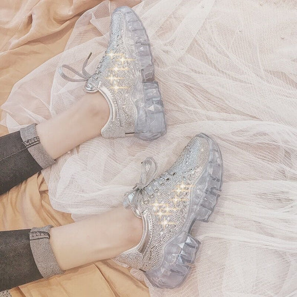 Rich rhinestone crystal Jelly bottom retro chunky clear glass sneakers shoes