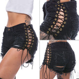 "beyonce" lace up side cutout distressed denim shorts
